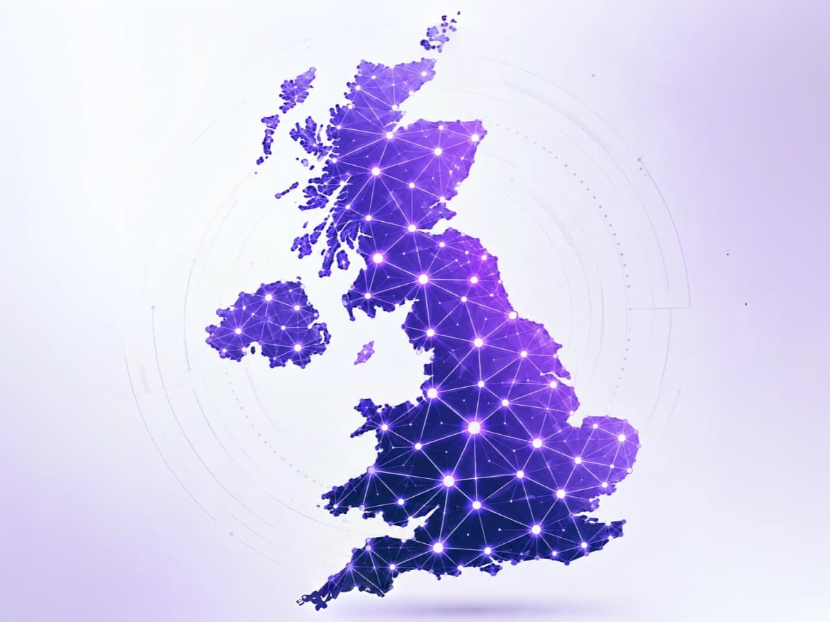 United Kingdom map represented as a connected neural network of purple data nodes
