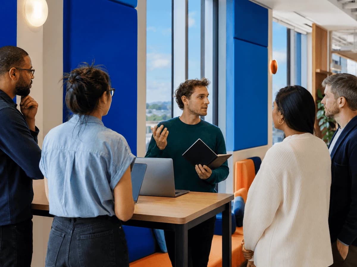 A group of professionals discussing around a table
